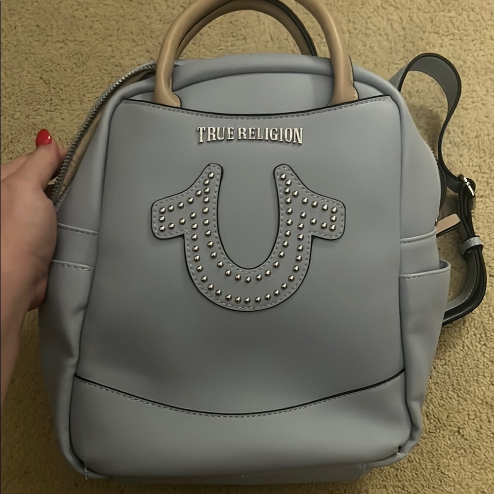 True Religion Gray and Tan Backpack with Embossed Logo